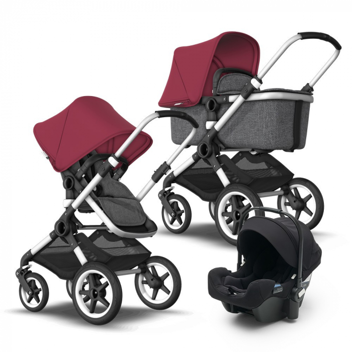 Carucior Bugaboo 3 In 1 3 Carucior Bugaboo Fox Aluminium Grey Melange Ruby Red sistem 3 in 1