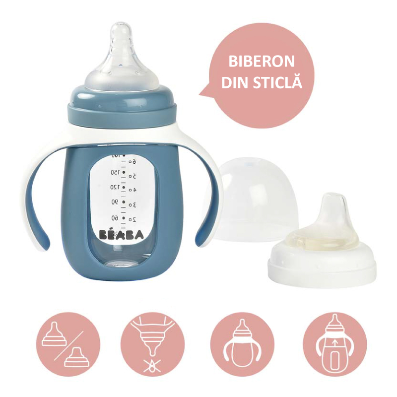 Biberon de invatare 2 in 1 din Sticla Beaba 210 ml Windy Blue [3]