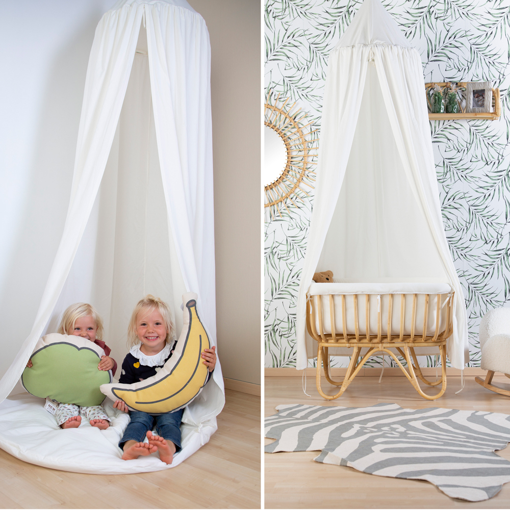 Cort cu baldachin + saltea de joaca Childhome 120x120x230 cm, Jerse Alb [4]