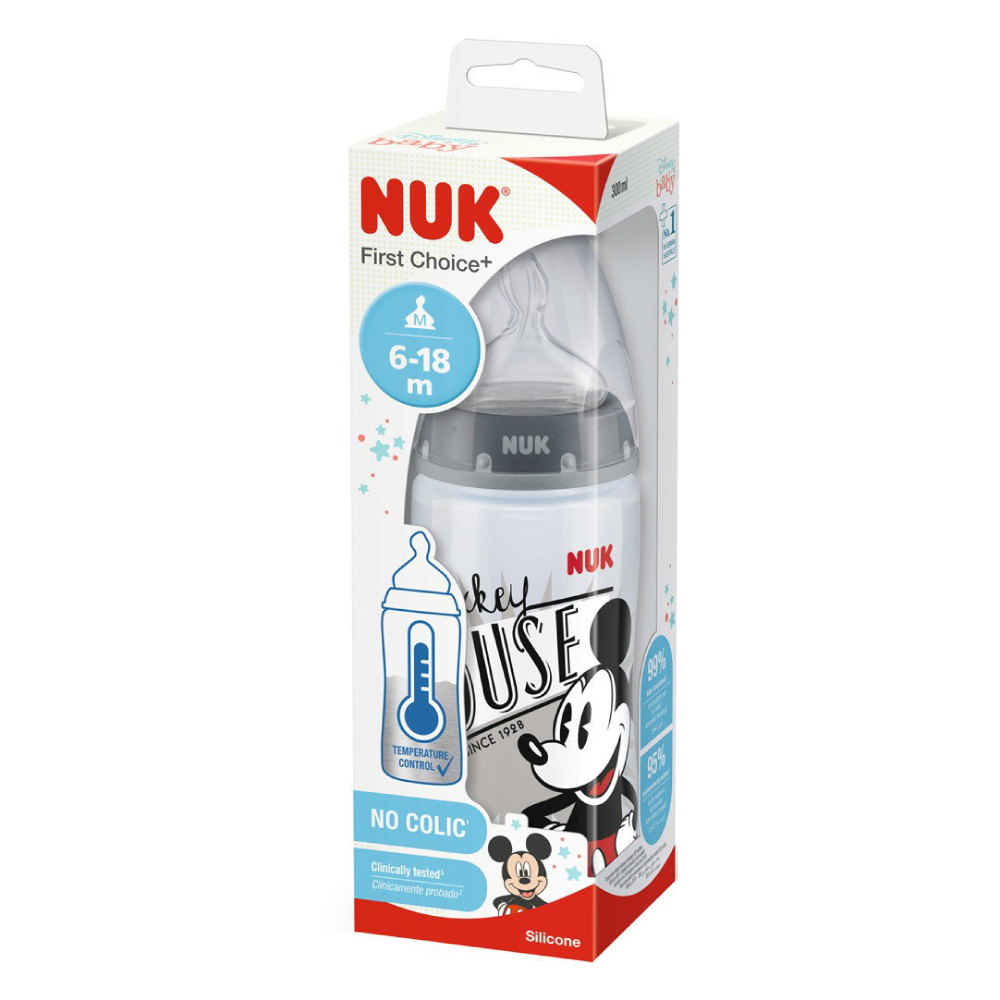 Biberon Nuk First Choice Plus Control Temperatura 300 ml Tetina Silicon M 6-18 luni Mickey Gri  [2]