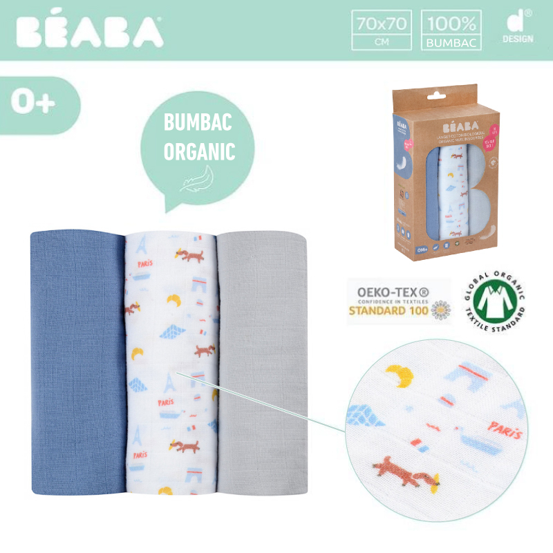 Set 3 Museline Beaba bumbac organic 70x70 cm Paris Blue [6]