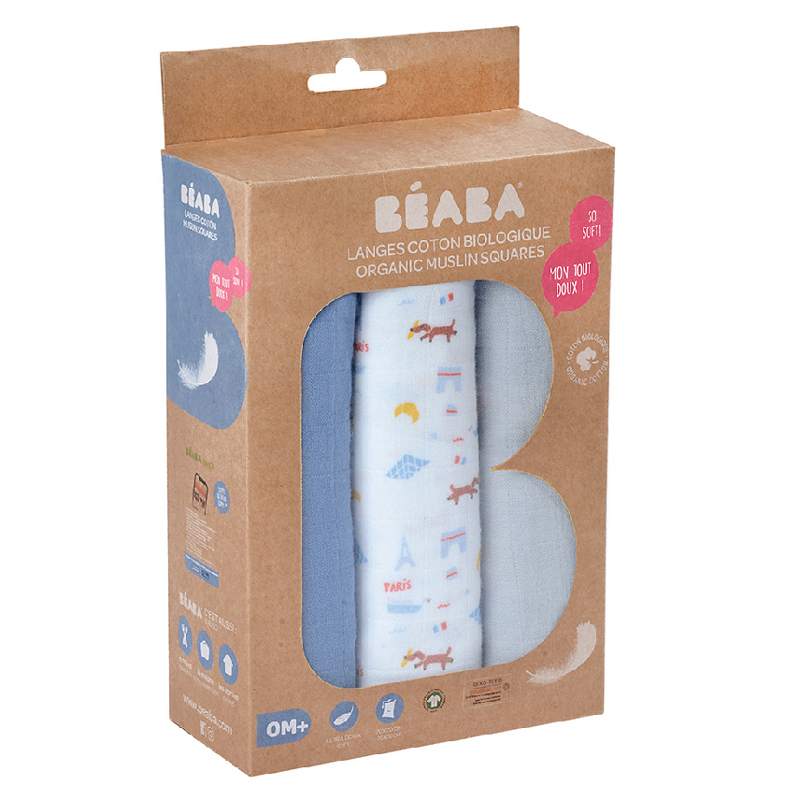 Set 3 Museline Beaba bumbac organic 70x70 cm Paris Blue [7]