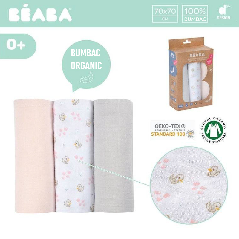 Set 3 Museline Beaba bumbac organic 70x70 cm Swan Pink [6]