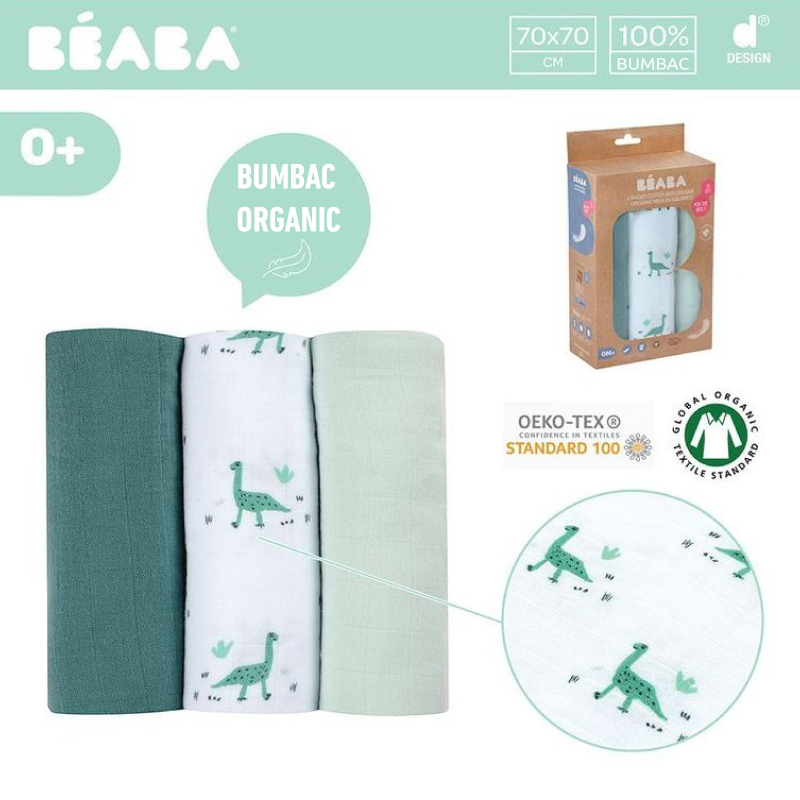 Set 3 Museline Beaba bumbac organic 70x70 cm Jurassic Green [6]