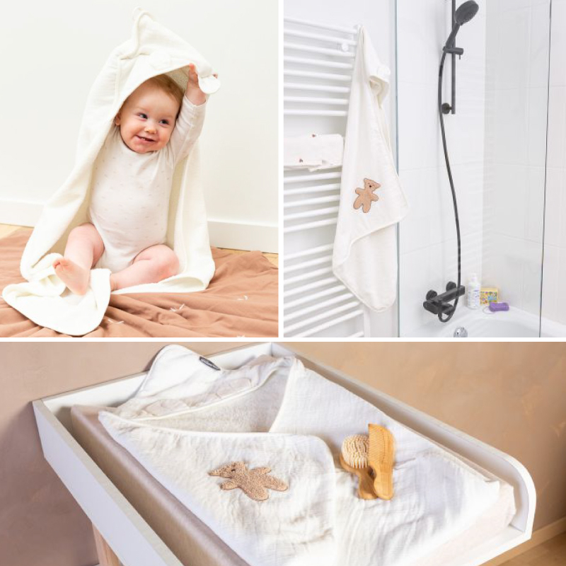 Prosop cu gluga si manusa de baie Childhome 80x80 cm, Muselina/Terry Teddy [4]