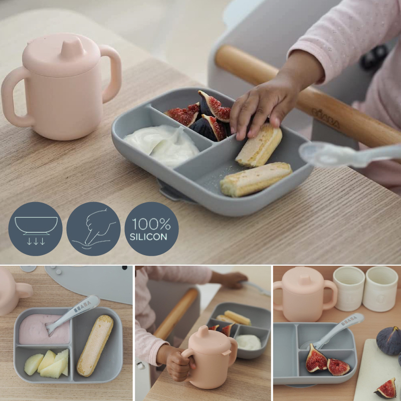 Set de masa silicon cu cana Beaba Old Pink [8]