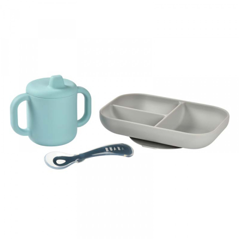ACCESORII PENTRU MASĂ - Set de masa silicon cu cana Beaba Blue