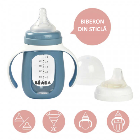 Biberon de invatare 2 in 1 din Sticla Beaba 210 ml Windy Blue [2]