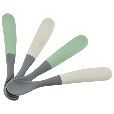 LINGURIȚE ȘI FURCULIȚE - Set 4 lingurite silicon +4 luni Beaba Bicolor Mineral
