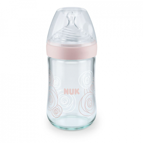 Nuk - Biberon Nuk Nature Sense Sticla 240 Ml Tetina Silicon Orificiu M 0-6 luni Roz