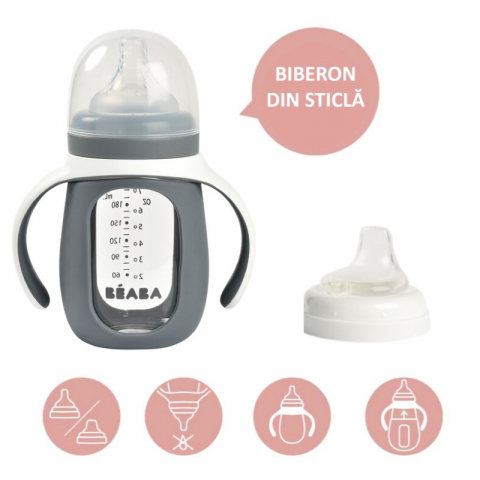 Biberon de invatare 2 in 1 din Sticla Beaba 210 ml Mineral Grey [2]