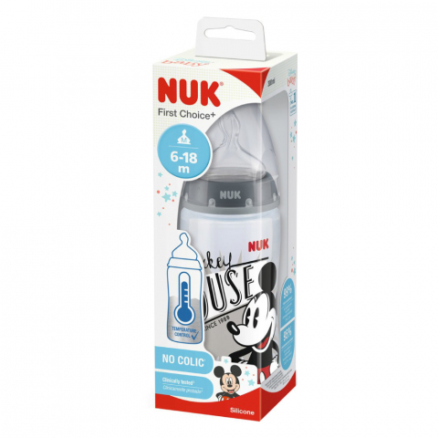 Biberon Nuk First Choice Plus Control Temperatura 300 ml Tetina Silicon M 6-18 luni Mickey Gri  [1]