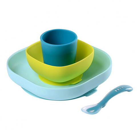 FARFURII SI BOLURI PENTRU BEBELUȘI - Set de masa silicon 4 piese Bleu