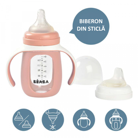 Biberon de invatare 2 in 1 din Sticla Beaba 210 ml Old Pink [3]