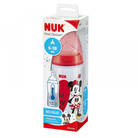 Biberon Nuk First Choice Plus Control Temperatura 300 ml Tetina Silicon M 6-18 luni Mickey Rosu  [1]