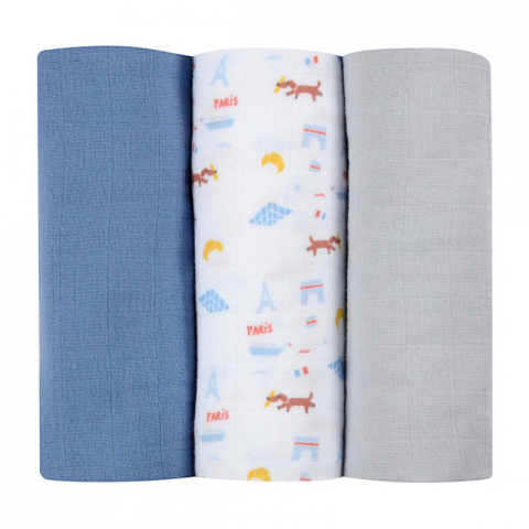 Beaba - Set 3 Museline Beaba bumbac organic 70x70 cm Paris Blue
