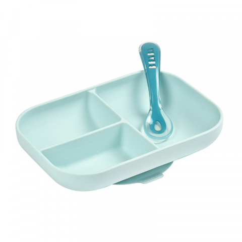 FARFURII SI BOLURI PENTRU BEBELUȘI - Set de masa silicon Beaba 2 piese Bleu