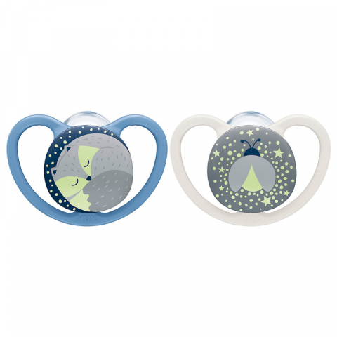 Nuk - Suzeta Nuk Space Night Silicon 0-6 luni Albastru, Set 2 Bucati