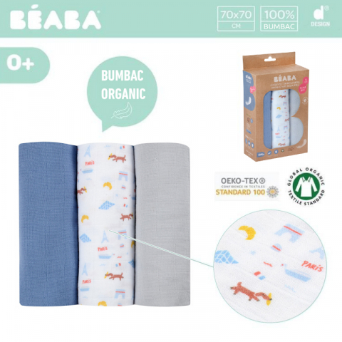 Set 3 Museline Beaba bumbac organic 70x70 cm Paris Blue [5]