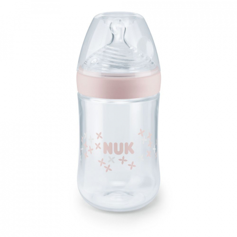 Nuk - Biberon Nuk Nature Sense Roz 260 Ml Tetina Silicon Orificiu M 6-18 luni
