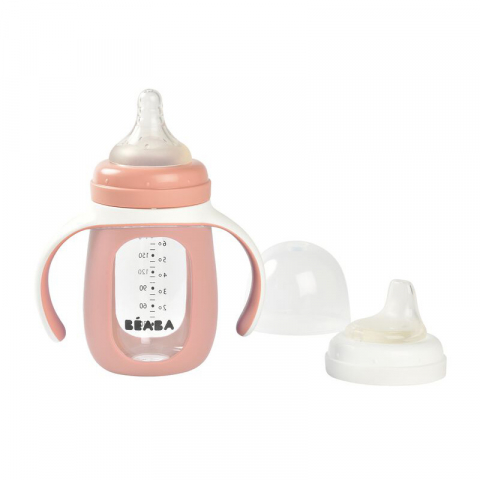 Beaba - Biberon de invatare 2 in 1 din Sticla Beaba 210 ml Old Pink