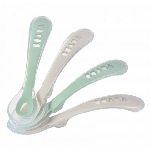 LINGURIȚE ȘI FURCULIȚE - Set 4 lingurite silicon +8 luni Beaba Sage Green