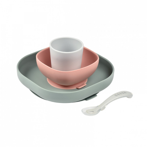 FARFURII SI BOLURI PENTRU BEBELUȘI - Set de masa silicon Beaba 4 piese Eucalyptus