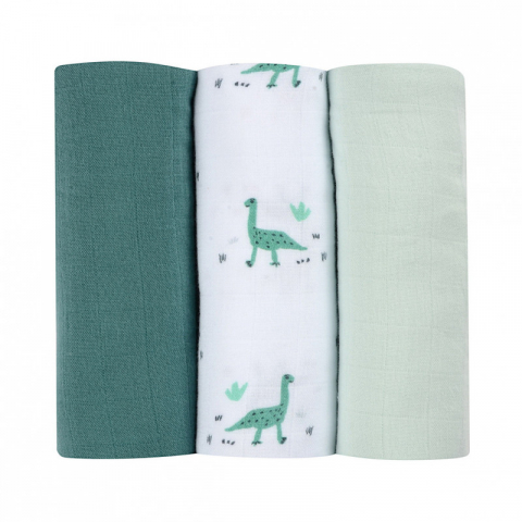 Beaba - Set 3 Museline Beaba bumbac organic 70x70 cm Jurassic Green