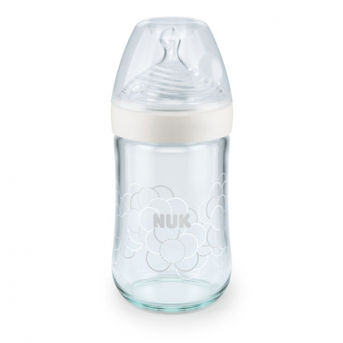Nuk - Biberon Nuk Nature Sense Sticla 240 Ml Tetina Silicon Orificiu M 0-6 luni Alb