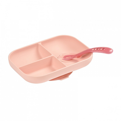FARFURII SI BOLURI PENTRU BEBELUȘI - Set de masa silicon Beaba 2 piese - Roz