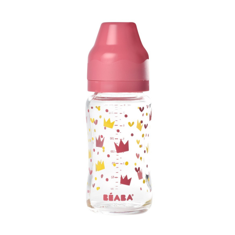 Beaba - Biberon din sticla cu gat larg Crown 240ml Pink