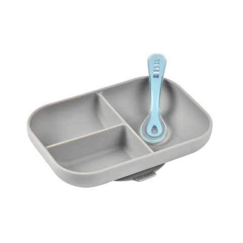 FARFURII SI BOLURI PENTRU BEBELUȘI - Set de masa silicon Beaba 2 piese - Gri