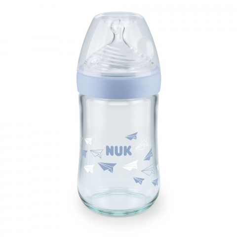 Nuk - Biberon Nuk Nature Sense Sticla 240 Ml Tetina Silicon Orificiu M 0-6 luni Bleu
