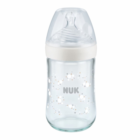 Nuk - Biberon Nuk Nature Sense Sticla 240 ml Control Temperatura Tetina Silicon M 6-18 luni Alb