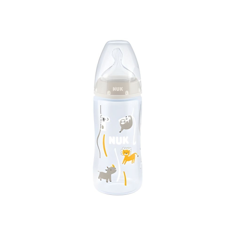 Nuk - Biberon Nuk First Choice PP 300 ml, Control Temperatura, Tetina Silicon 0-6 luni, Alb Animale
