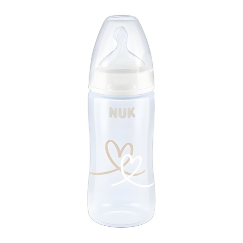 Nuk - Biberon Nuk First Choice PP 300 ml, Control Temperatura, Tetina Silicon 0-6 luni, Alb Inima