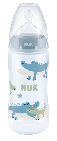Nuk - Biberon Nuk First Choice PP 300 ml, Control Temperatura, Tetina Silicon 0-6 luni, Albastru Animale