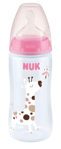 Nuk - Biberon Nuk First Choice PP 300 ml, Control Temperatura, Tetina Silicon 0-6 luni, Roz Girafa