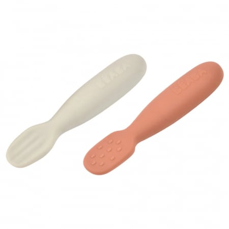 Beaba - Set 2 linguri silicon Beaba Terracotta/Velvet Grey