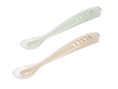 Masa Bebelusului - Set 2 lingurite silicon +4 luni + cutie Beaba Clay