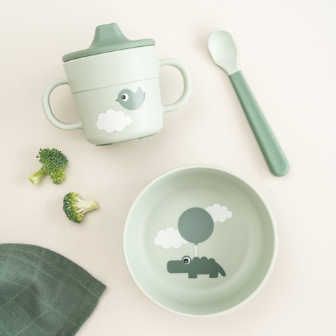 Set pentru primele mese cu ventuza Done by Deer Foodie Happy Clouds Green [8]