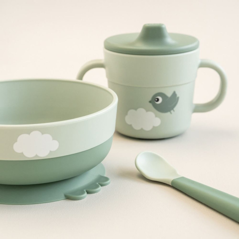 Set pentru primele mese cu ventuza Done by Deer Foodie Happy Clouds Green [6]