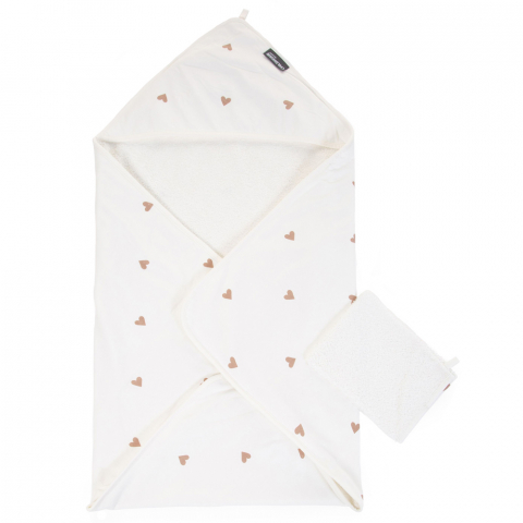 Mobilier si Lenjerie - Prosop cu gluga si manusa de baie Childhome Jerse/Frotir 80x80 cm, Inimioare