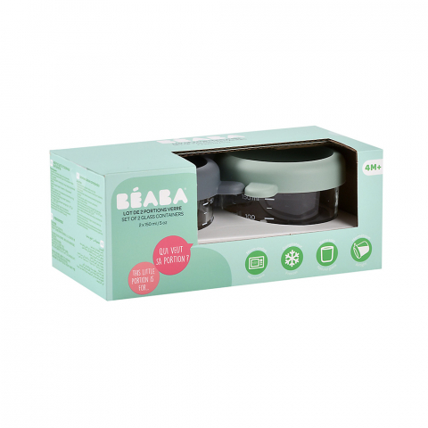 Alaptare si Hranire - Set 2 recipiente ermetice sticla Beaba 150 ml Mineral/Sage Green