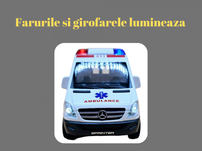 Ambulanta din metal, Mercedes, 3 figurine incluse, sunete realistice, Farurile, girofarele si stopurile lumineaza, 5 usi mobile, baterii incluse, 15cm, Alb [3]