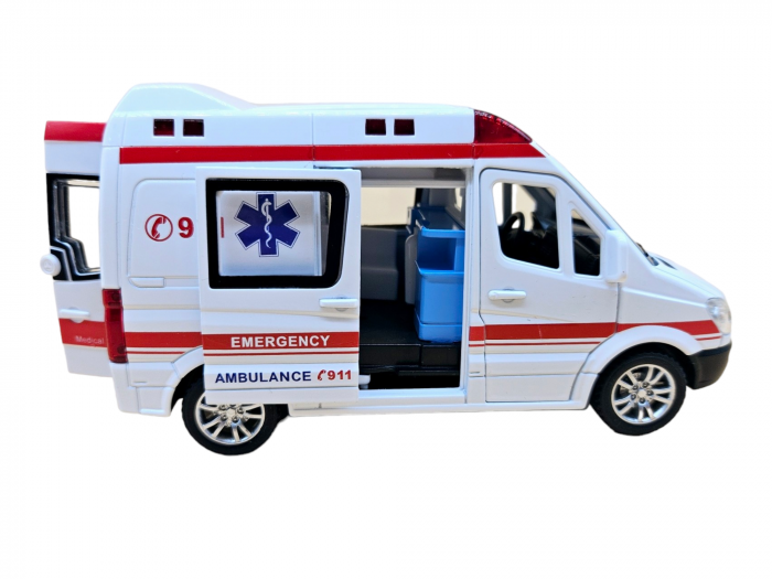 Ambulanta din metal, Mercedes, 3 figurine incluse, sunete realistice, Farurile, girofarele si stopurile lumineaza, 5 usi mobile, baterii incluse, 15cm, Alb [5]