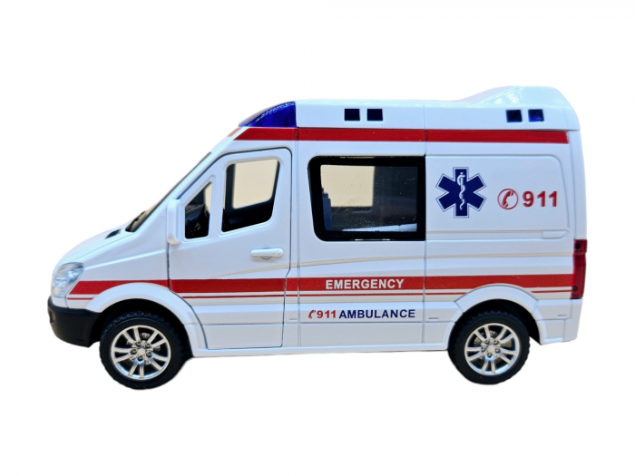 Ambulanta din metal, Mercedes, 3 figurine incluse, sunete realistice, Farurile, girofarele si stopurile lumineaza, 5 usi mobile, baterii incluse, 15cm, Alb [6]