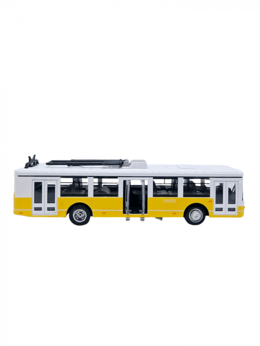 Autobuz de jucarie realizat din metal, Sunete si lumini, Pull-back, Baterii incluse, 17cm, Alb/Galben [4]