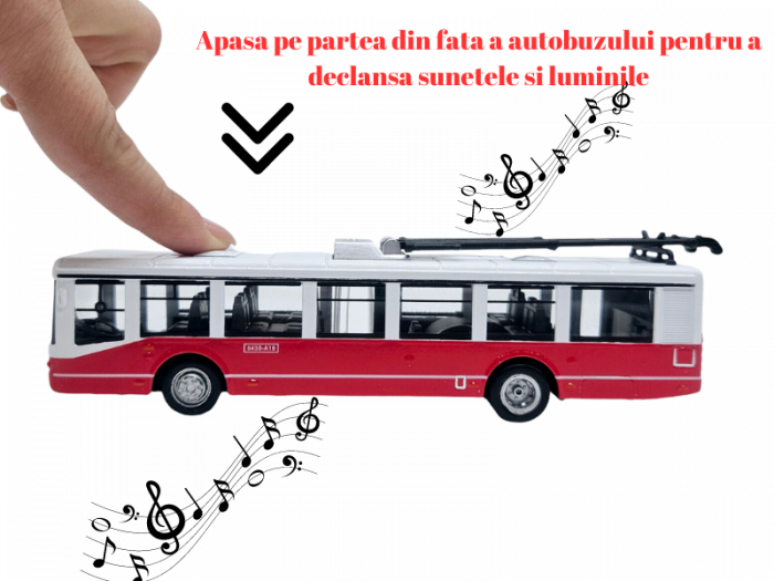 Autobuz de jucarie realizat din metal, Sunete si lumini, Pull-back, Baterii incluse, 17cm, Alb/rosu [2]