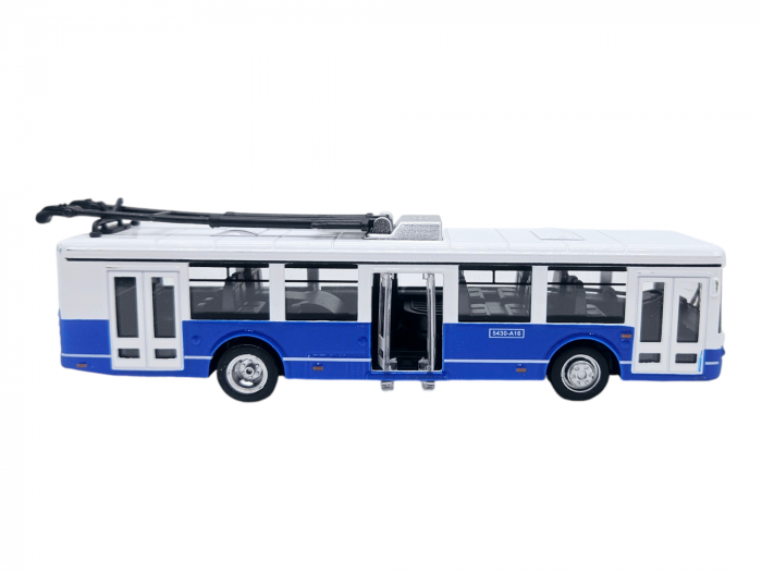 Autobuz de jucarie realizat din metal, Sunete si lumini, Pull-back, Baterii incluse, 17cm, Alb/albastru [8]